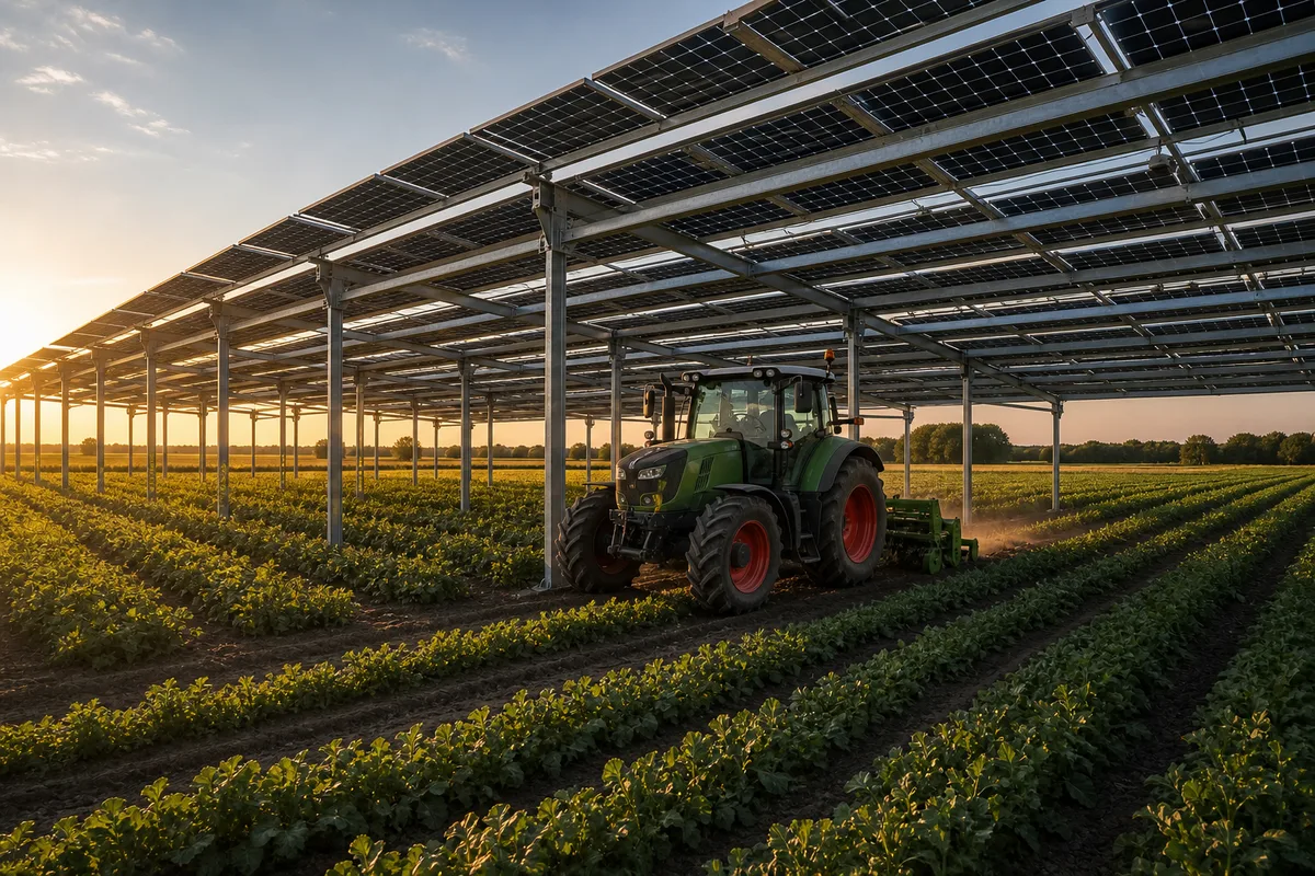 Rangée de panneaux solaires surélevés au-dessus d&rsquo;un champ cultivé avec un tracteur qui circule dessous
