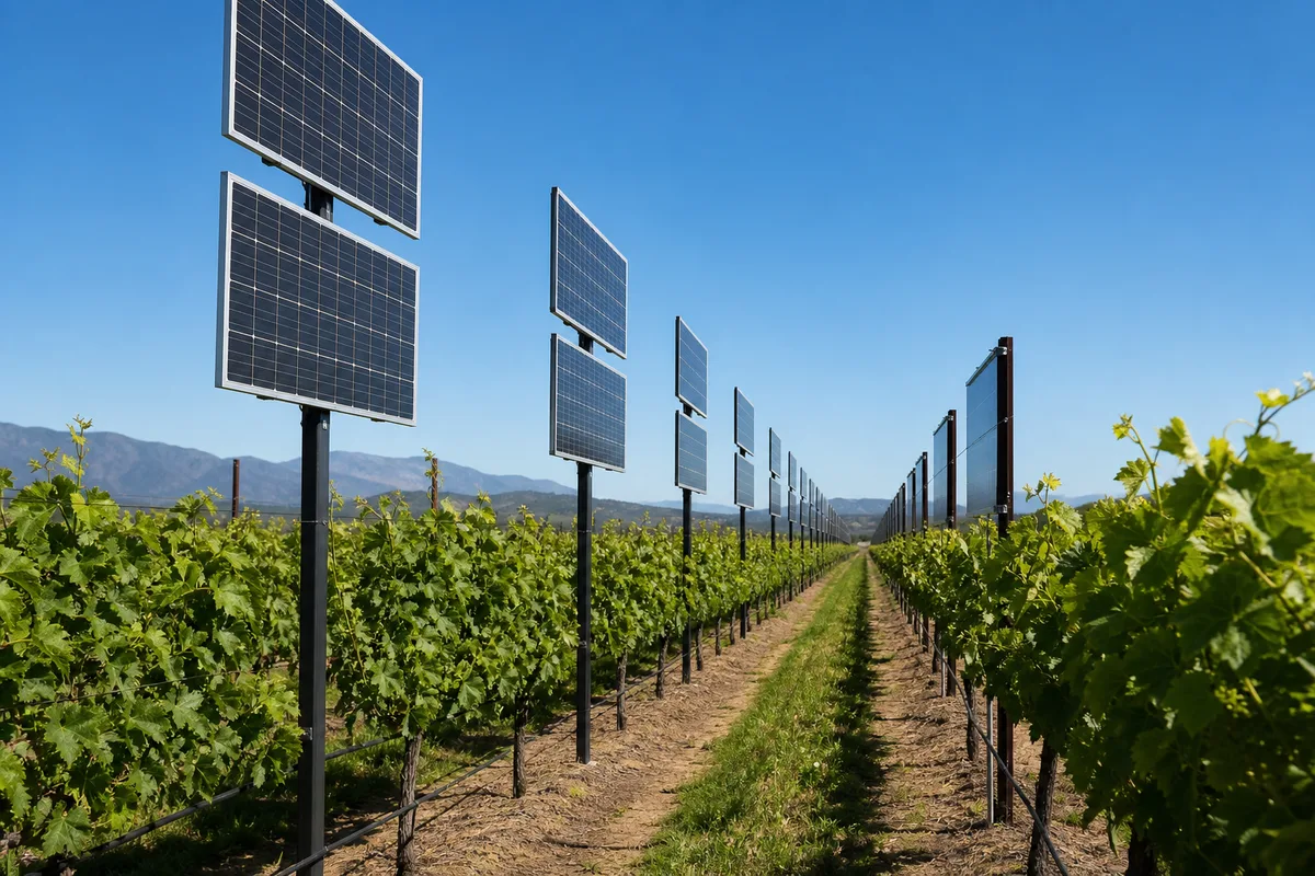 Panneaux photovoltaïques verticaux installés entre deux rangs de vigne dans un vignoble