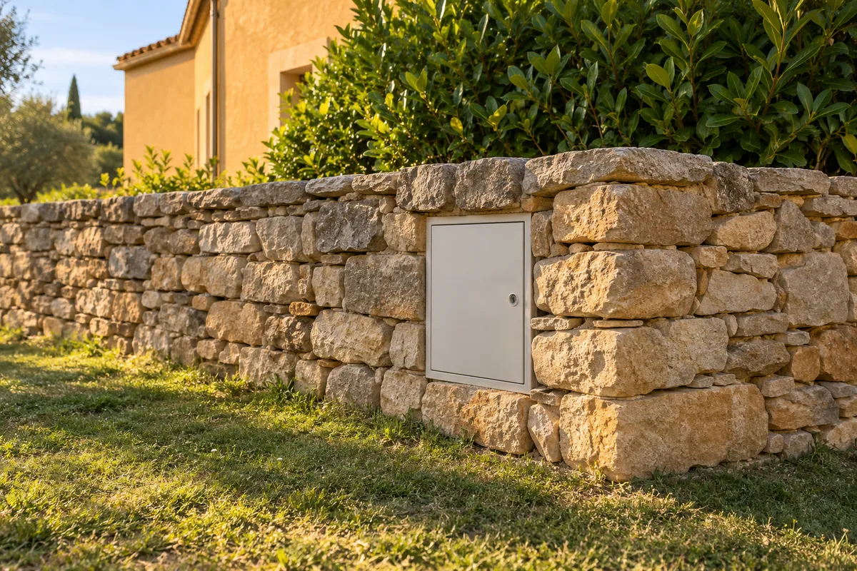 Coffret de branchement électrique gris encastré dans un muret de pierres sèches en limite de jardin
