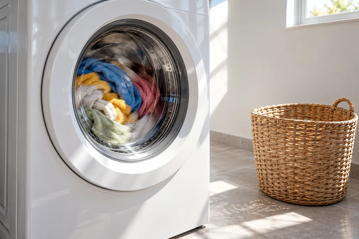 Lave-linge en marche dans une buanderie éclairée par le soleil de midi