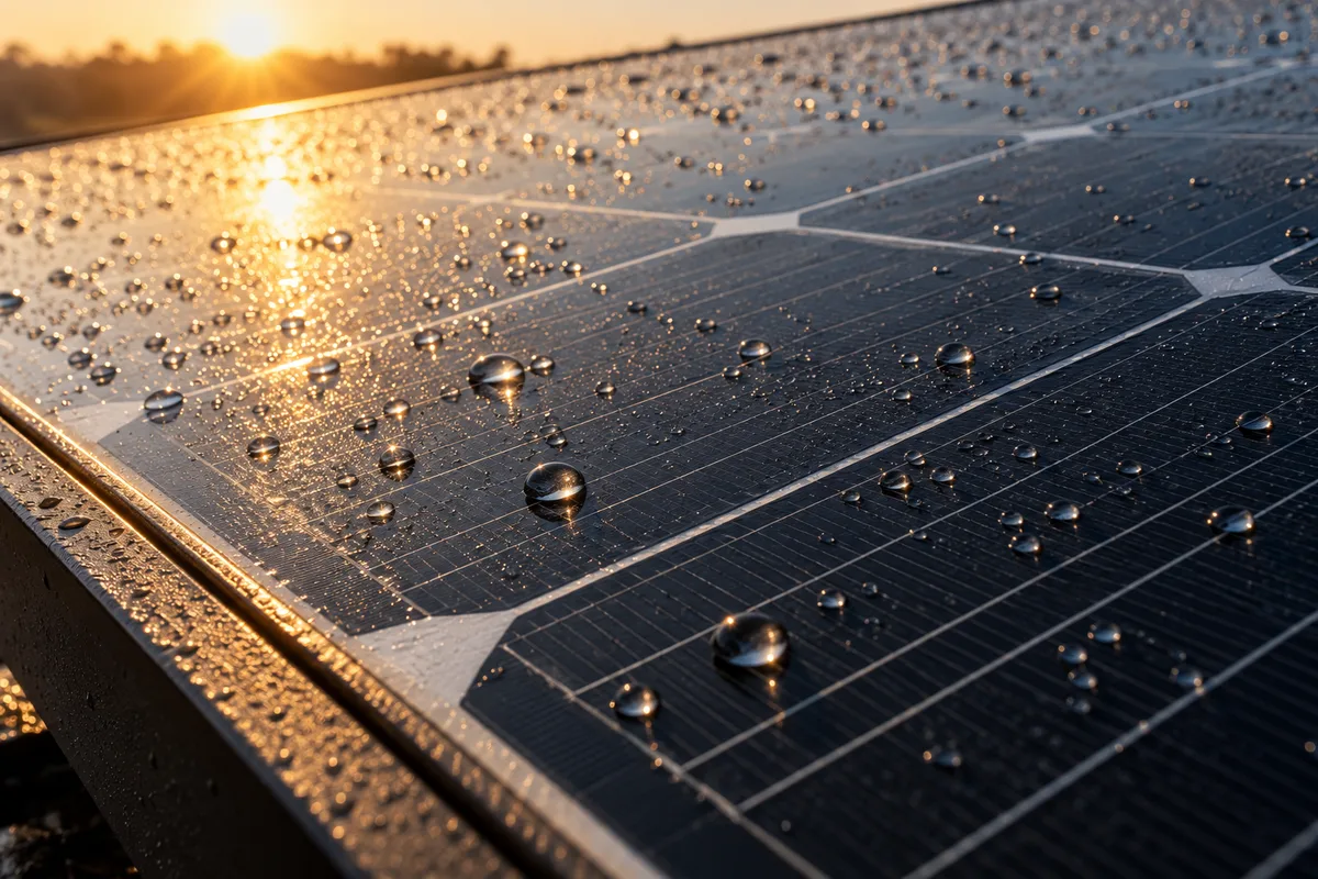 Gros plan sur les cellules d&rsquo;un module photovoltaïque monocristallin couvertes de rosée