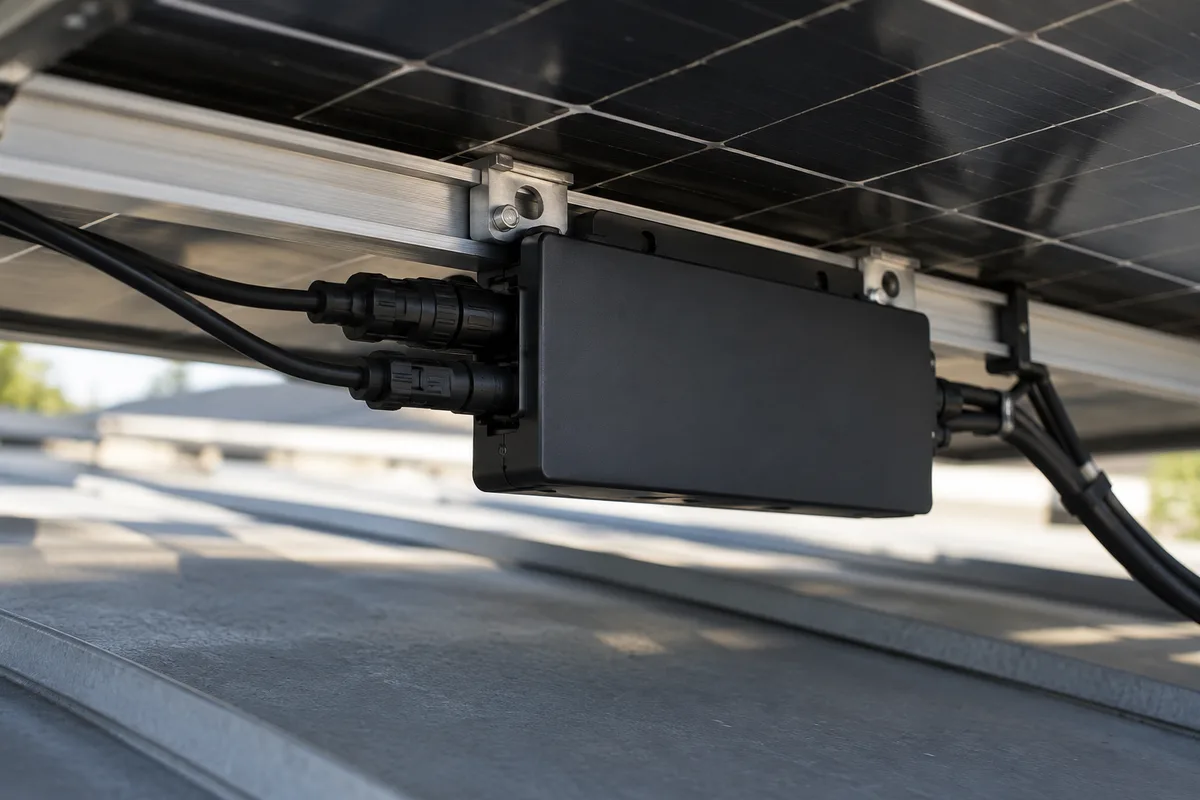 Micro-onduleur fixé sur un rail sous un module photovoltaïque