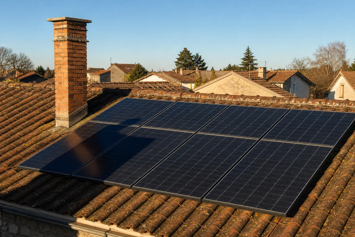 Ombre portée d une cheminée sur une partie des panneaux solaires d une toiture en tuiles en fin d après-midi