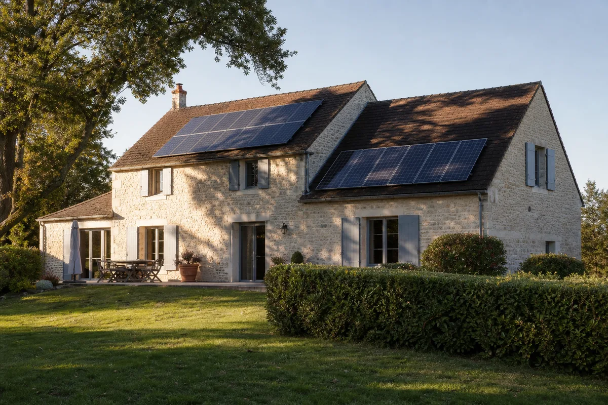 Maison individuelle vue du jardin avec des panneaux solaires répartis sur deux pans de toiture d orientations différentes