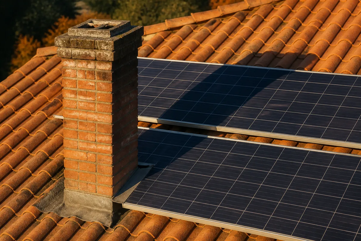 Ombre portée d&rsquo;une cheminée sur une rangée de panneaux photovoltaïques en fin d&rsquo;après-midi