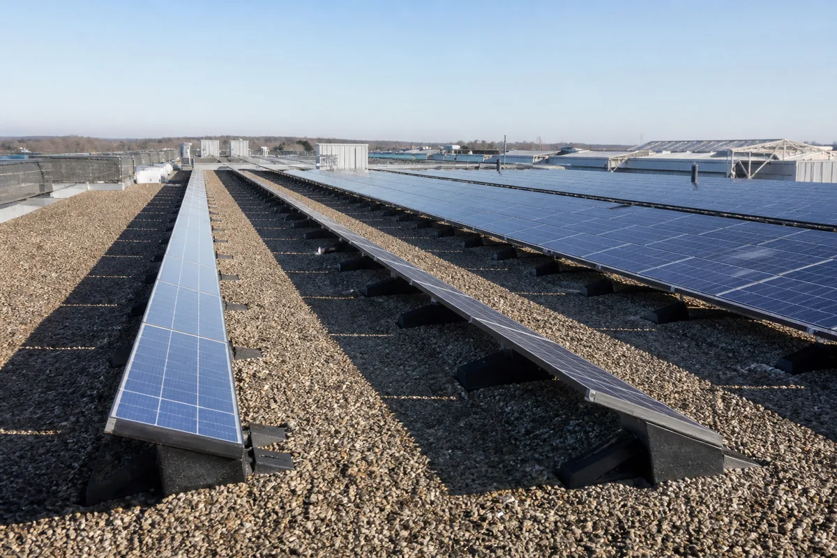 Rangées de panneaux photovoltaïques espacées sur une toiture-terrasse au soleil rasant d&rsquo;hiver