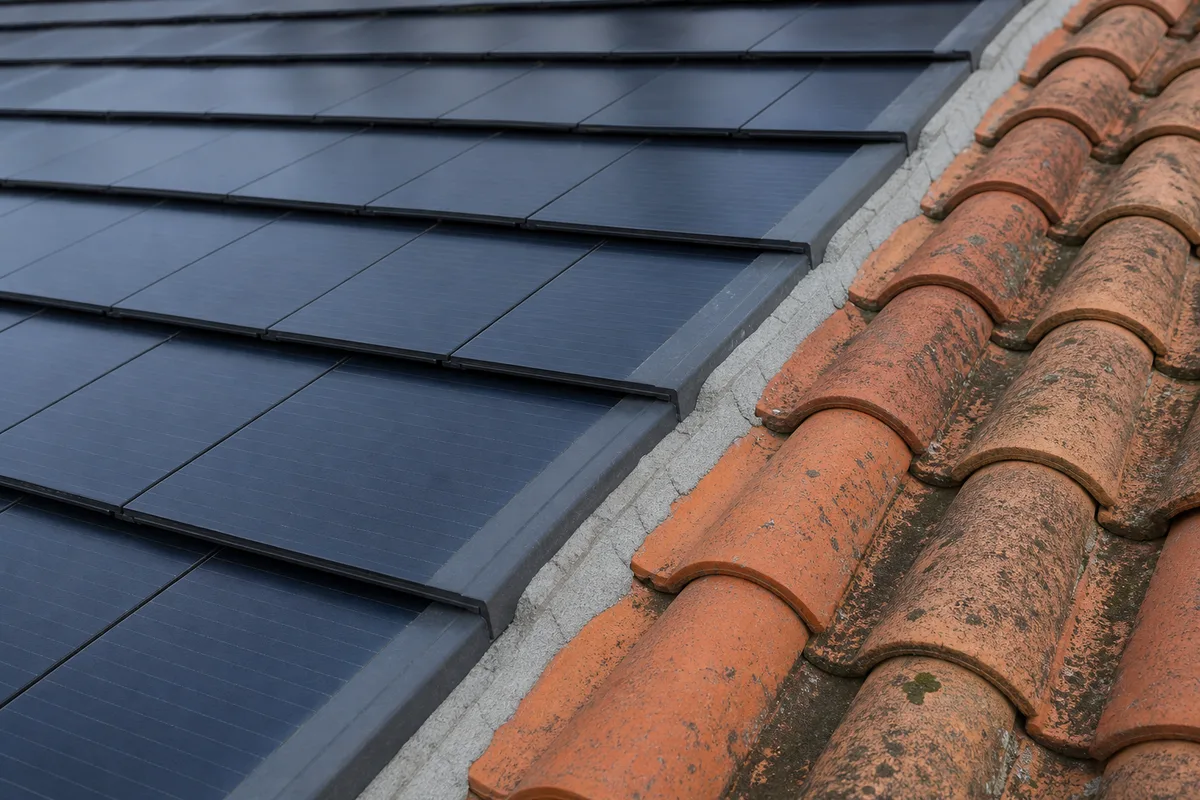 Détail de tuiles solaires foncées emboîtées en rangées décalées à côté de tuiles en terre cuite