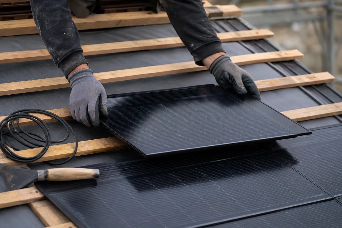 Mains gantées d&rsquo;un couvreur emboîtant une tuile solaire sur les liteaux d&rsquo;une toiture